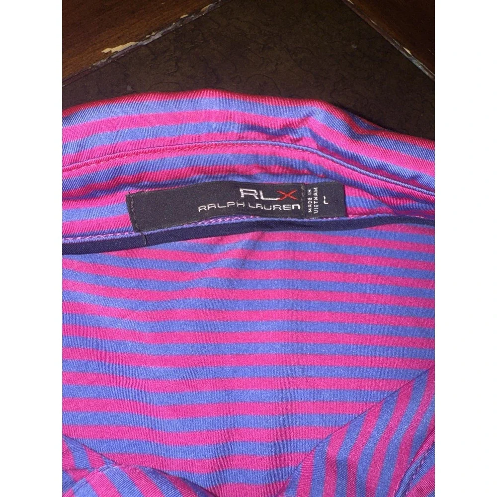 RLX Ralph Lauren Performance Large Polo Shirt Pink‎ Blue Stripped Golf Stretch